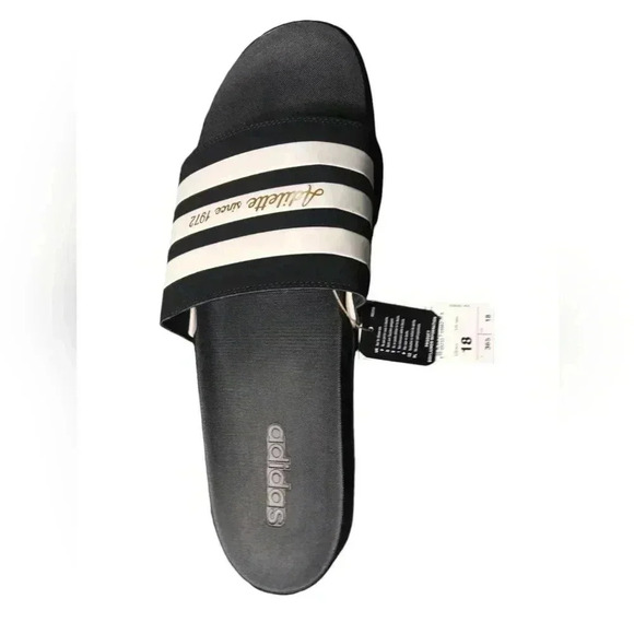 Adidas Adilette Comfort Men's Black White Gold Lettered Slide Sandals Sz 18 New - Picture 3 of 9